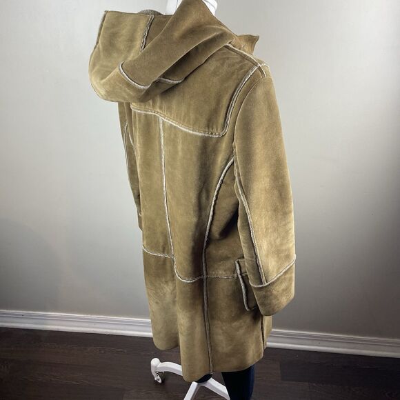 Vtg Gap Y2K Tan Suede Leather Patchwork Coat Womens Sz M Sherpa Lined Hooded - Picture 6 of 9